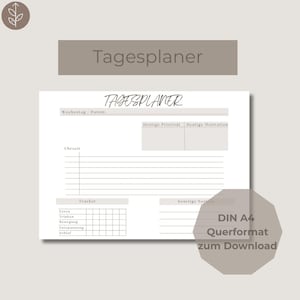 Pode incluir: Um planejador diário imprimível Tagesplaner branco com um cabeçalho e rodapé marrom claro. O planejador inclui seções para tempo, prioridades, motivação e um rastreador. O texto "Tagesplaner" está escrito em itálico.