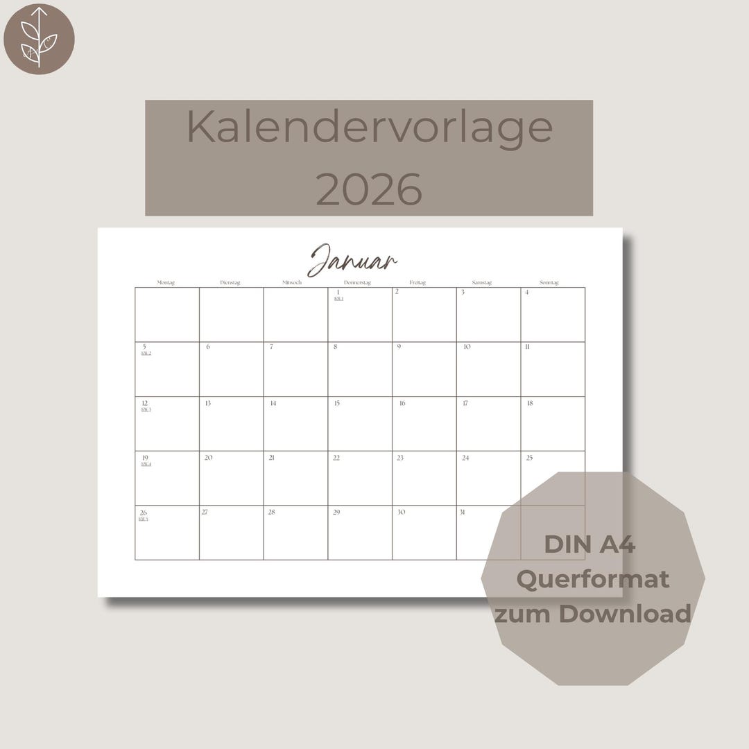 Kalendervorlage 2026 zum Ausdrucken oder digital für z.B. GoodNotes