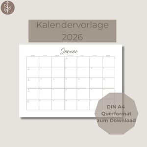 Könnte beinhalten: Ein weißes Januar 2026 Kalendervorlage mit einem einfachen Rasterlayout. Der Kalender ist mit "Kalendervorlage 2026" und "Januar" in einer handschriftlichen Schrift beschriftet. Der Kalender ist im DIN A4-Format, Querformat und zum Download verfügbar.