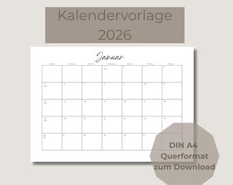May include: A white 2026 January calendar template with a simple grid layout. The calendar is labelled "Kalendervorlage 2026" and "Januar" in a handwritten font. The calendar is in DIN A4 format, landscape orientation, and available for download.