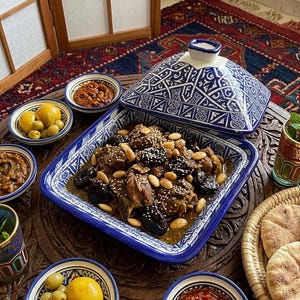 Puede incluir: Un plato de tagine marroquí con carne, ciruelas pasas y almendras, servido en un plato de cerámica azul y blanco. La imagen incluye pequeños cuencos con aceitunas, salsas y pan, con una tapa decorativa de tagine. El conjunto está sobre una mesa de madera tallada.