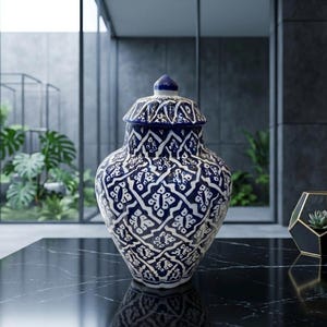 Peut inclure: Un pot à gingembre en céramique orné d'un motif géométrique complexe bleu foncé et blanc sur tout son corps arrondi et son couvercle assorti. Le récipient présente une forme large et bulbeuse qui s'affine vers la base et un petit bouton.