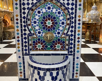 Moroccan Geometric Fountain | Handmade Zellige Tile Fountain | Colorful Wall Fountain | Traditional Moroccan Decor | Garden Patio Fountain