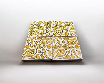 Azulejos de cerámica marroquí hechos a mano de 10x10 cm, azulejos florales andaluces amarillos, cerámica arabesca pintada a mano, protector contra salpicaduras decorativo.