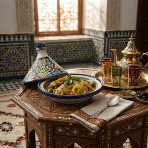 Peut inclure: Un tajine en céramique avec un couvercle conique aux motifs géométriques colorés, contenant un ragoût de poulet aux olives. À côté se trouvent une théière en métal doré, trois petits verres colorés sur un plateau, une cuillère et une serviette.