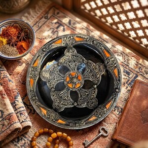 Peut inclure: Une assiette noire décorative avec des motifs géométriques argentés et orange. L'assiette est entourée d'un bol d'épices, d'une clé vintage, d'un livre relié en cuir et d'un collier de perles, le tout sur un tapis à motifs.