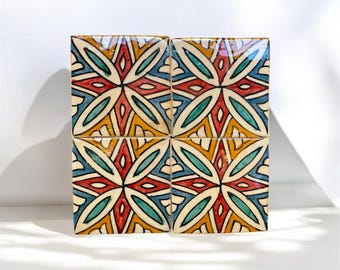 Azulejos de cerámica marroquí hechos a mano | Azulejos de arcilla de Fez pintados a mano de 10x10 cm | Salpicadero geométrico floral morisco | Decoración de cerámica