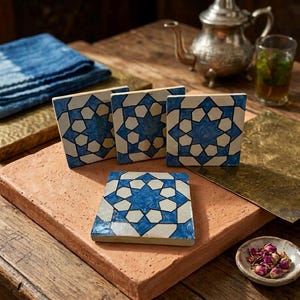 Handmade Moroccan Zellige Tile 10x10 cm Blue White Mosaic from Fez Gray Clay Ceramic Artisan Wall & Floor Decor