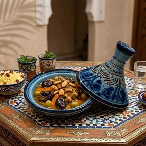 Small Moroccan Tagine Pot | Blue Ceramic Tagine for Serving | Hand-Painted Fes Pottery | Traditional Clay 17cm Individual Decorative Tagine