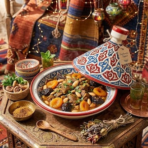 Peut inclure: Un plat de tajine marocain traditionnel avec un couvercle à motifs rouges, blancs et bleus. Le plat contient de la viande, des abricots secs, des pruneaux et des amandes. Le tajine est posé sur une table en bois sculpté, entouré de petits bols et de verres.