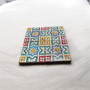 Peut inclure: Un ensemble de quatre carreaux de céramique carrés disposés en grille, présentant un motif géométrique répétitif avec des motifs floraux stylisés dans des tons de bleu, jaune, rouge et vert, soulignés de noir sur un fond blanc.