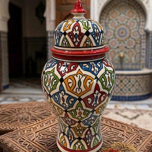 Pote de cerâmica marroquina feito à mão - Grande pote de armazenamento com tampa, autêntico vaso de Fez pintado à mão, pote de gengibre tradicional, recipiente para especiarias berbere