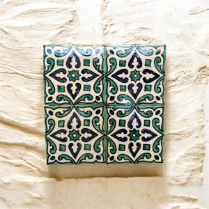 Handmade Moroccan Zellige Tile Floral Blue Green Pattern | Authentic Fez Ceramic Tile | Kitchen Bathroom Wall Decor