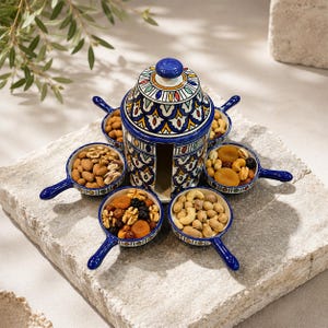 May include: A ceramic serving set featuring a central lidded jar with a blue, yellow, and white geometric pattern, surrounded by six small, matching handled bowls filled with various nuts and dried fruits, all arranged on a textured stone base.
