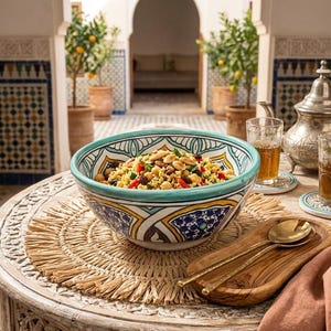 Peut inclure: Un bol en céramique coloré rempli de couscous, de noix et de légumes, posé sur un dessous de plat tressé. Le bol a un bord turquoise et des motifs bleus et jaunes complexes. Des cuillères dorées reposent sur un plateau en bois, avec du thé et une théière en argent.