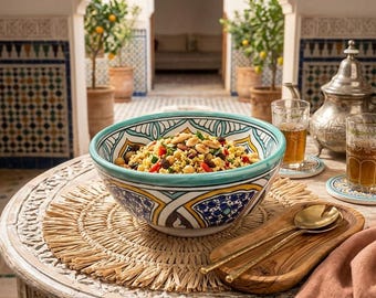 Große marokkanische Keramik-Salatschüssel, handbemalte Servierschale aus Fes-Keramik, traditionelle arabeske Couscous-Schüssel, Boho-Küchendekoration, Geschenk