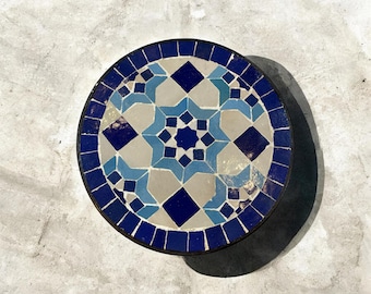 ound Blue Moroccan Zellige Tile Trivet | 20cm Mosaic Wall Hanging Decor | Cobalt Turquoise Clay Hot Pad | Traditional Moorish Geometric