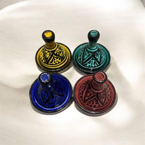 Set of 4 Handmade Mini Moroccan Tagines – Colorful Clay Spice & Sauce Pots, Handcrafted Artisan Pottery