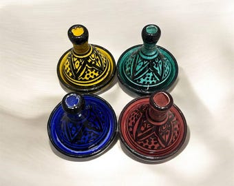 Set of 4 Handmade Mini Moroccan Tagines – Colorful Clay Spice & Sauce Pots, Handcrafted Artisan Pottery