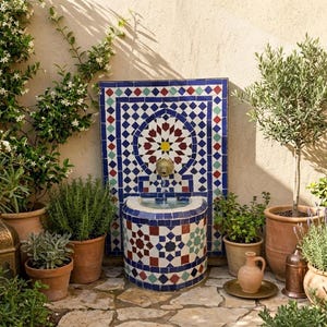 Peut inclure: Une fontaine murale rectangulaire ornée de motifs géométriques complexes en carreaux bleus, rouges et blancs, avec un bec verseur central en forme de tête de lion en laiton, entourée de diverses plantes en pot, dont du romarin et des oliviers.