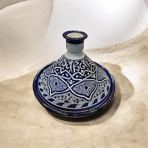 Moroccan Tagine Pot 35cm | Handmade Ceramic Cooking & Serving Tajine | Blue White Moroccan Pottery | Traditional Moroccan Kitchen