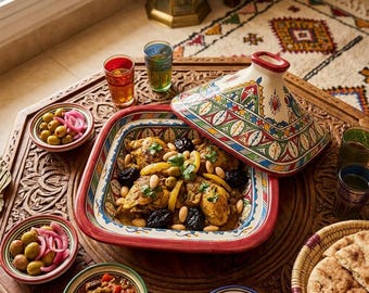 Handgefertigte marokkanische Keramik-Tajine zum Kochen und Servieren – Bunte quadratische Tajine aus Fez-Keramik | Traditionelle marokkanische Küchendekoration