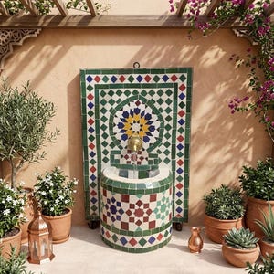 Könnte beinhalten: Ein rechteckiger Wandbrunnen mit einem geometrischen Mosaikmuster aus grünen, blauen, roten und gelben Fliesen. Der Brunnen verfügt über einen Messingauslauf und ein halbkreisförmiges Becken mit passenden Mosaikfliesen vor einer hellbeigen Wand.