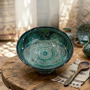 May include: A teal ceramic bowl with a detailed floral pattern in the center. The bowl is on a wooden table with a wooden spoon and a small decorative vase in the background. The bowl has a dark green rim.