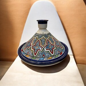 Moroccan Tagine Pot 35cm | Handmade Ceramic Tajine Cook & Serve | Traditional Moroccan Pottery | Blue Multicolor Kitchen Decor