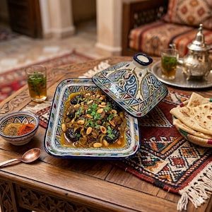 May include: A square, ornate ceramic tagine dish with a colorful geometric design, filled with a stew topped with nuts and herbs. The lid is off, revealing the contents. A small bowl of spices and a copper spoon are nearby.