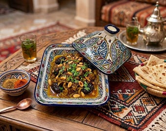 Tagine cuadrado marroquí hecho a mano – Plato de cerámica colorido para cocinar y servir – Cerámica de Fez pintada a mano – Utensilios de cocina artesanales tradicionales