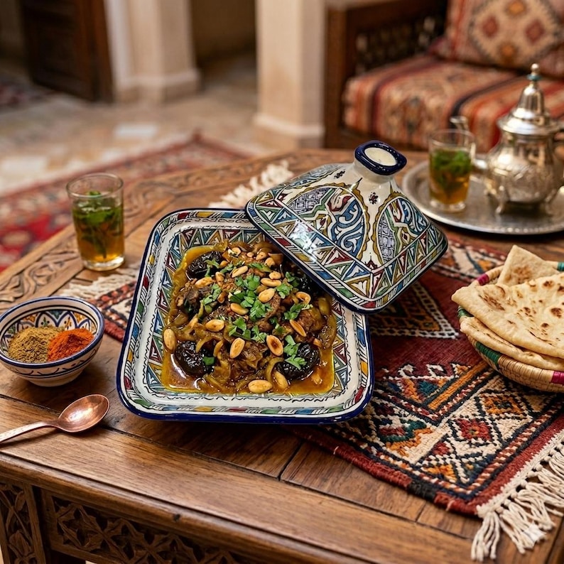 May include: A square, ornate ceramic tagine dish with a colorful geometric design, filled with a stew topped with nuts and herbs. The lid is off, revealing the contents. A small bowl of spices and a copper spoon are nearby.