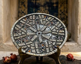 Rare Antique Moroccan Plate Handmade – Camel Bone & Gray Clay from Fez – Tribal Boho Wall Decor – Unique Artisan Ceramic Dish