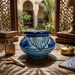 Peut inclure: Un cendrier rond en céramique émaillée avec une base bleu clair ornée de motifs floraux peints à la main en bleu foncé et noir. Le cendrier présente un rebord large et arrondi, posé sur une surface en bois avec un briquet et des cigarettes.