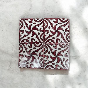 Handmade Moroccan Zellige Tile 10x10 cm – Burgundy White Ceramic Wall Tile – Artisan Fez Backsplash Tile – Moroccan Home Decor