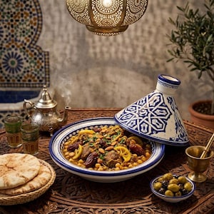 Può includere: Un piatto di tajine marocchino, servito in un piatto di ceramica blu e bianca con coperchio decorativo. Il piatto contiene carne, ceci e datteri. Sul tavolo ci sono anche pane, olive e bicchieri da tè. Una lampada è appesa sopra.