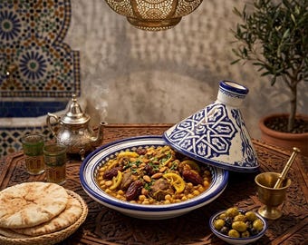 Moroccan Tagine White - Blue from Fez – Handmade Clay Cooking Tagine, Geometric Design, Traditional Moroccan Cookware -Serving Dish