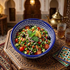 Peut inclure: Une salade colorée dans un bol bleu et blanc à motifs, avec des tomates, des concombres, des olives et des amandes, garnie de menthe et d'une tranche de citron. Une théière dorée et des verres de thé sont à proximité.