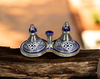 Set of 2 Handmade Fes Mini Ceramic Tagines with Silver Metal Lids – Blue & White Moroccan Serving Dishes – Spice or Sauce Holder