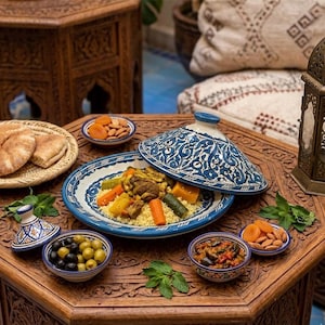 May include: A traditional Moroccan tagine dish with couscous, vegetables, and meat, served in a blue and white ceramic tagine. The dish is surrounded by small bowls of olives, dried apricots, and almonds, on a carved wooden table.