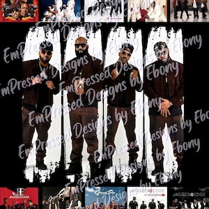May include: A montage of album covers and promotional photos of the R&B group Jagged Edge. The images display the group members in different poses, with album titles such as "Jagged Edge" and "Goodbye" visible. The colour scheme includes black, white, and shades of brown.