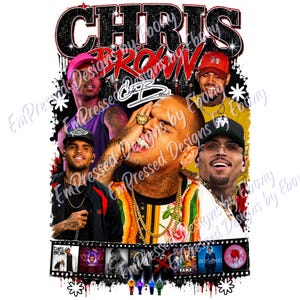 May include: A graphic design featuring multiple images of Chris Brown, the text CHRIS BROWN in large black and red letters, and a film strip at the bottom displaying various album covers and imagery. The design includes a logo and small figures.
