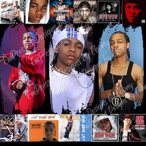 以下が含まれることがあります： ラッパーBow Wowの複数の画像を集めたコラージュ。アルバムカバーやポートレートが含まれています。様々な衣装とポーズのBow Wowが写っており、テキストオーバーレイとアルバムアートが施されています。