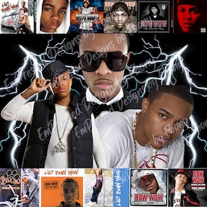 May include: A collage of Lil' Bow Wow album covers and promotional images. The central image features three men, one wearing sunglasses and a bow tie. Album covers include titles like "Beware of Dog" and "Like You".
