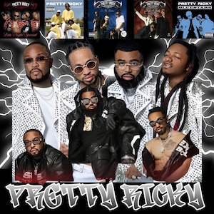 Könnte beinhalten: Werbebild mit der Musikgruppe Pretty Ricky. Das Bild enthält Albumcover und eine Collage der Gruppenmitglieder. Die Gruppenmitglieder tragen Sonnenbrillen und verschiedene Outfits. Der Name der Gruppe ist unten in einer stilisierten Schriftart dargestellt.