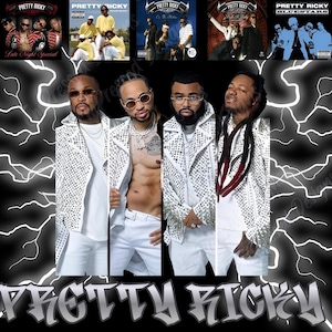 Puede incluir: Imagen promocional del grupo musical Pretty Ricky. La imagen muestra a los miembros del grupo con chaquetas y pantalones blancos con tachuelas. Las portadas de los álbumes se muestran en la parte superior. El nombre del grupo se muestra en la parte inferior en una fuente estilizada.