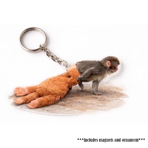 May include: A keychain featuring a gray monkey and a brown teddy bear. The monkey is standing, and the bear is lying down. The keychain has a silver ring and chain. The text at the bottom says, "***Includes magnets and ornament***".