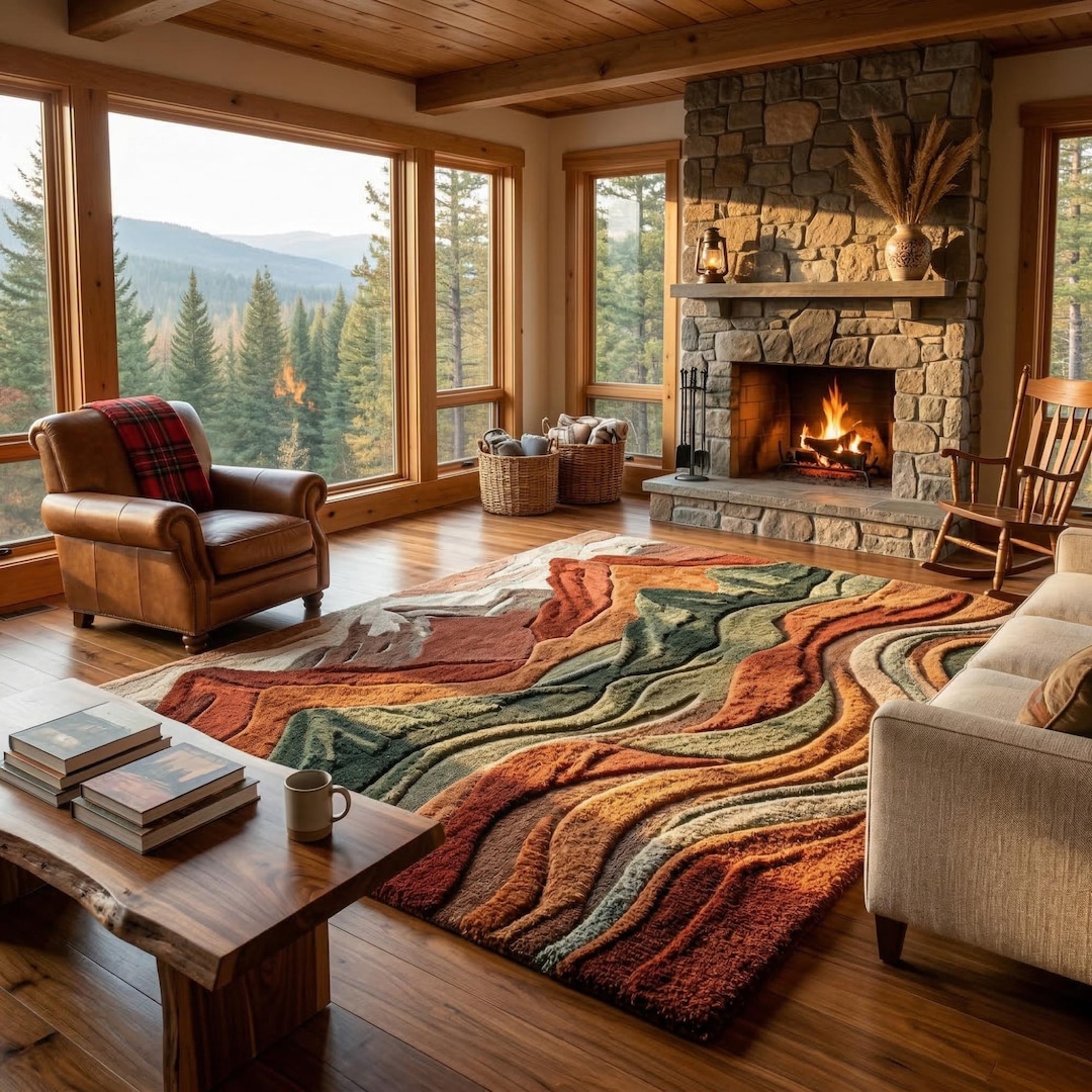 Rocky Earthy Rug Hand Tufted Mountain Landscape Rug, Abstract Earth Tone Carpet, Modern ...