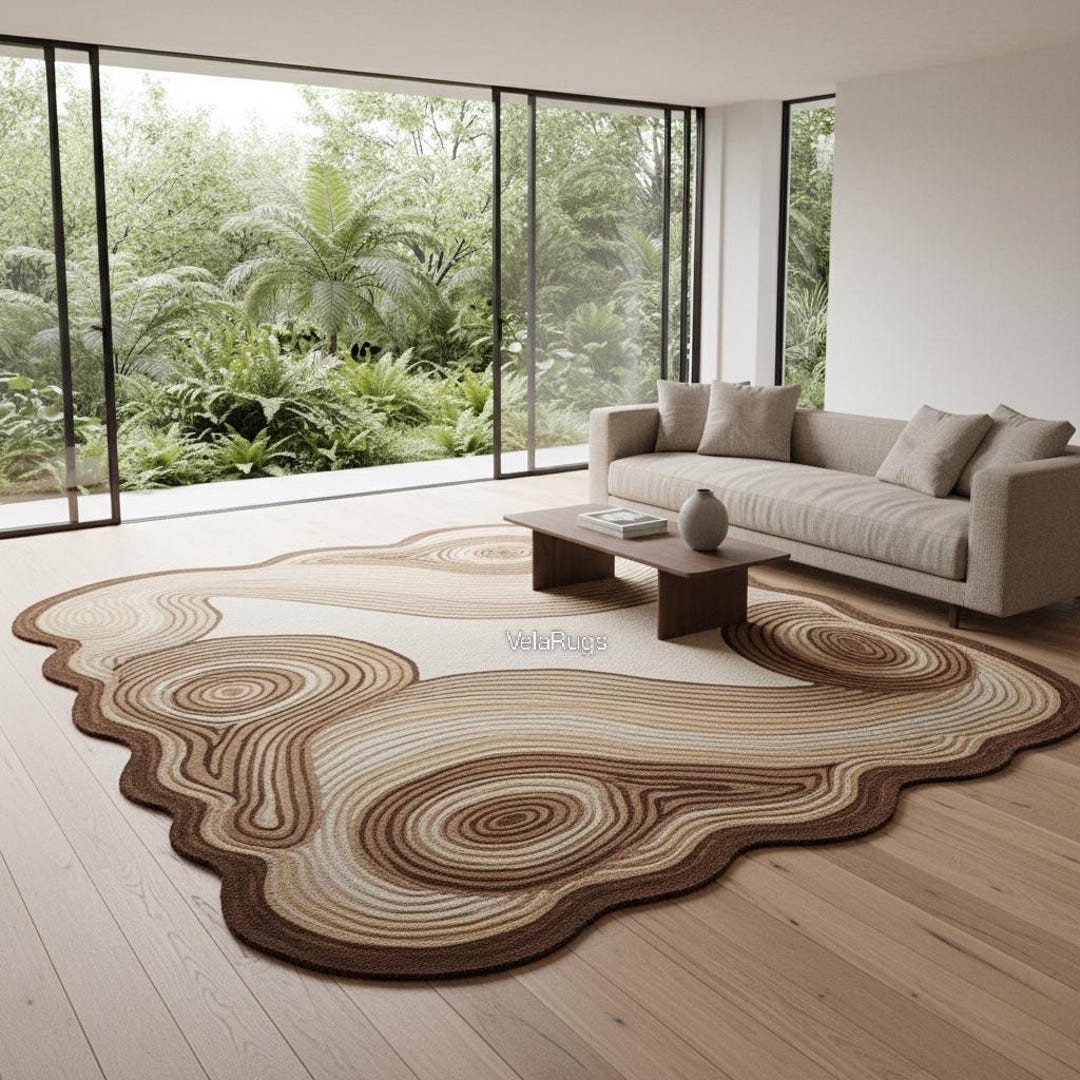 Detailed Rug Hand Tufted Abstract Wool Rug: Beige Brown Irregular Contour Floor ...