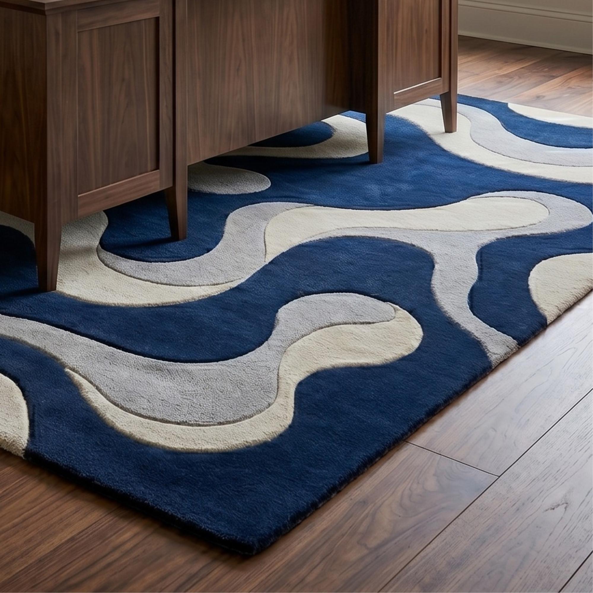 Hand Tufted Navy Blue Abstract Rug | Modern Wool Carpet | Living Room ...